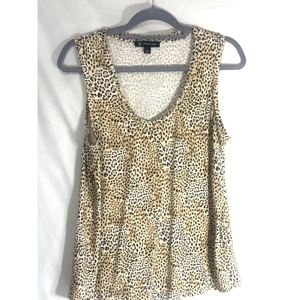 INC International Concepts Top Sz L Sleeveless Embellished Tunic Animal  Print